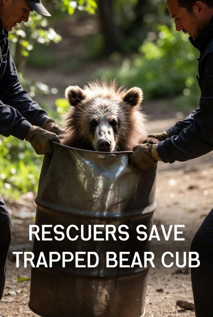 Rescuers Free Bear Cub Trapped Inside Metal Barrel in Forest - The Glory