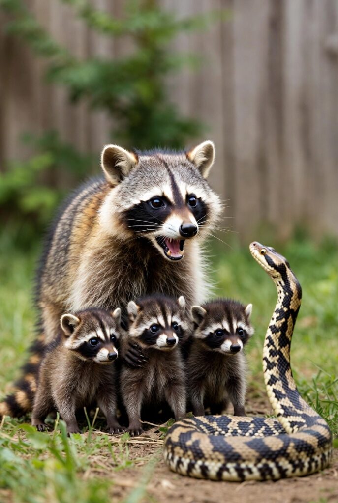 Snake Raccoon Mother Raccoon Fearlessly Confronts Snake to Protect Her Babies - The Glory