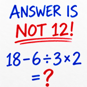 Math puzzle showing 18 − 6 ÷ 3 × 2