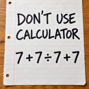 Math puzzle showing 7 + 7 ÷ 7 + 7