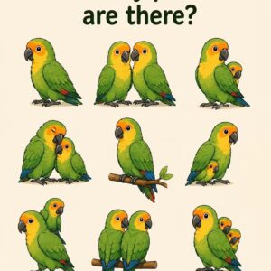Counting puzzle with green parrots asking how many parrots are there