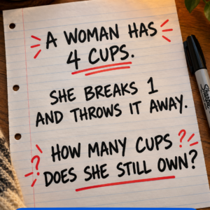 Woman has four cups breaks one throws it away puzzle