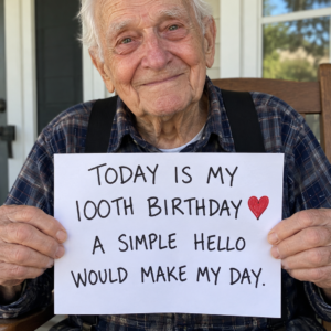 Centenarian holding 100th birthday sign requesting a simple hello