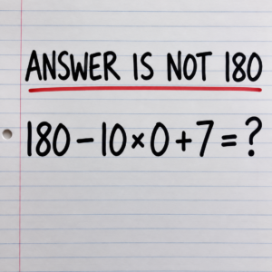 Handwritten equation 180 minus 10 times zero plus 7, headline falsely says answer is not 180