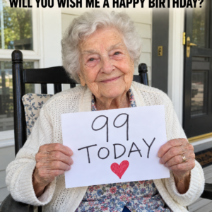 Elderly lady holding a 99 today sign on her ninety-ninth birthday
