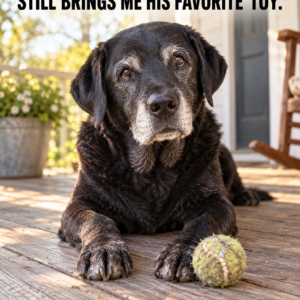 Benny the senior black dog turning sixteen with his favorite toy