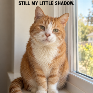 Senior orange and white cat Chester by a window, turning nineteen