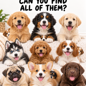 Nine larger puppies with small puppies hidden behind and between them