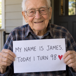 Older gentleman holding a sign My name is James Today I turn 98
