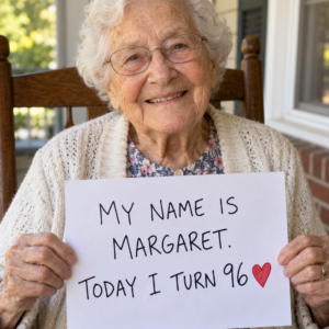 Margaret holding a sign celebrating her 96th birthday