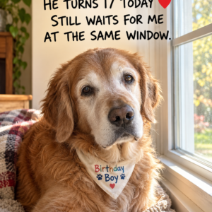 Senior golden retriever Marley near window with message he turns 17 today