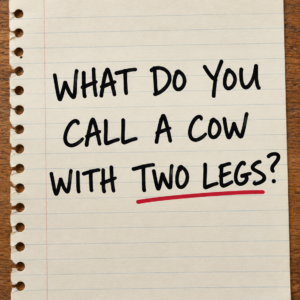 Handwritten notebook riddle asking what you call a cow with two legs